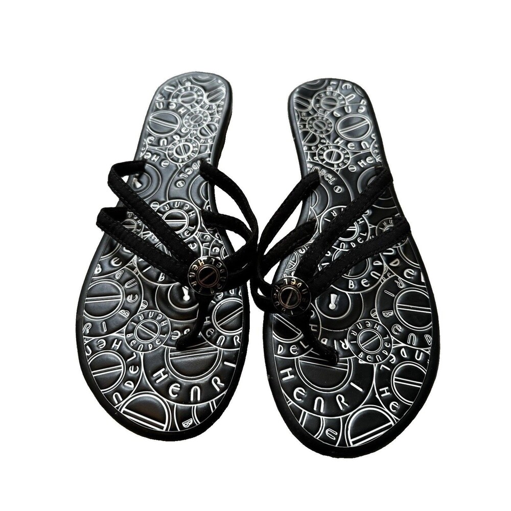 Henri Bendel Women's Thong Slip-On Sandals Black/White Logo Flat Size 8